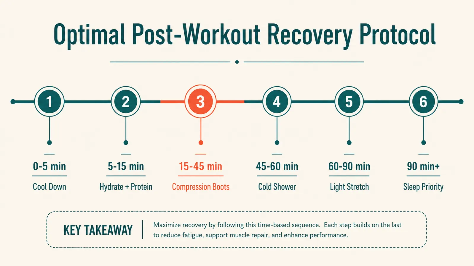 Timeline chart showing muscle soreness levels over 48 hours with and without compression boot sessions